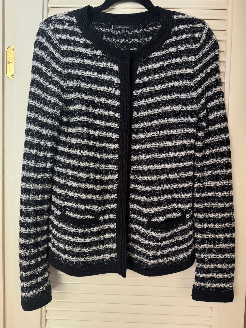 Anne Klein Black and White Striped Knit cardigan Sweater
